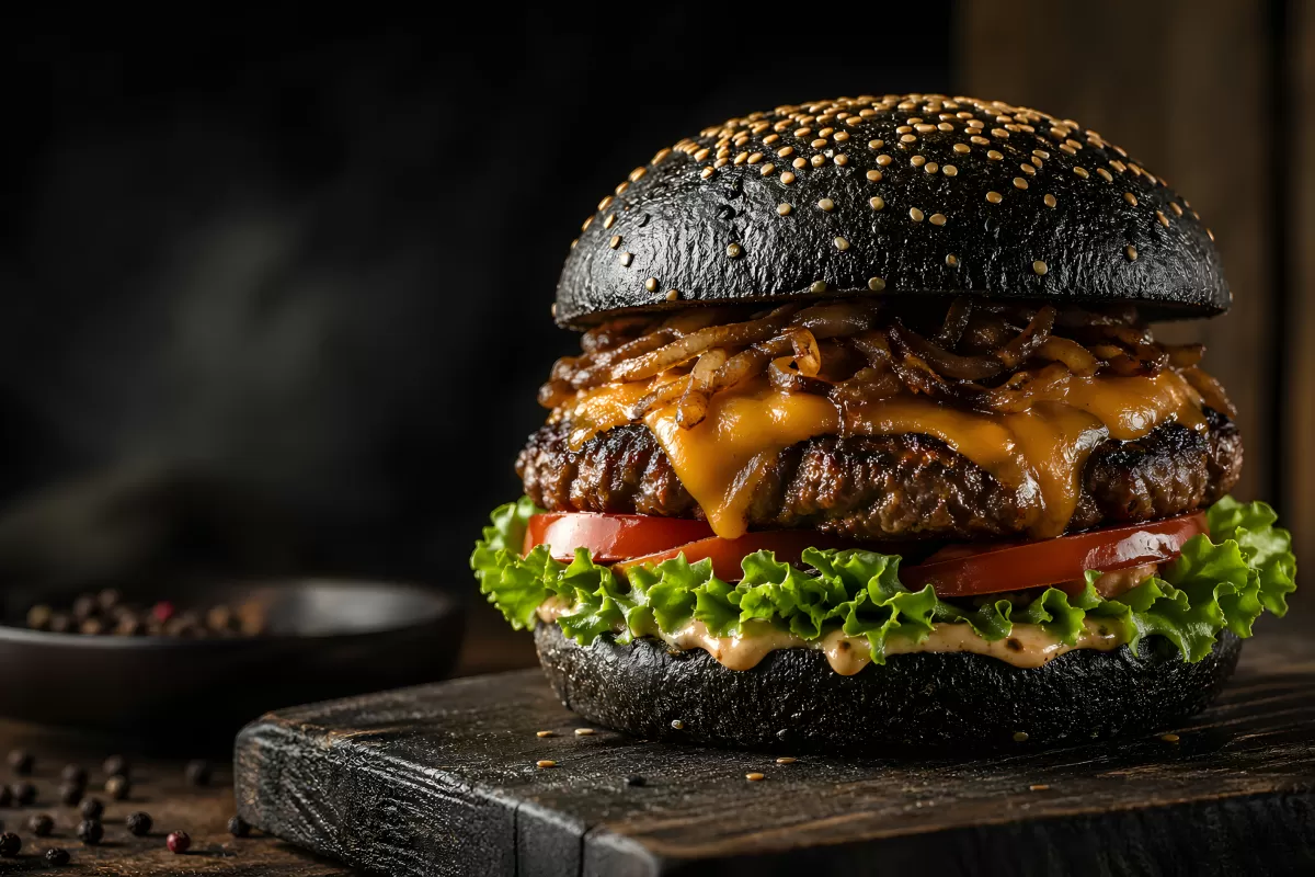 Schwarzer Burger mit Cheddar und karamellisierten Zwiebeln
