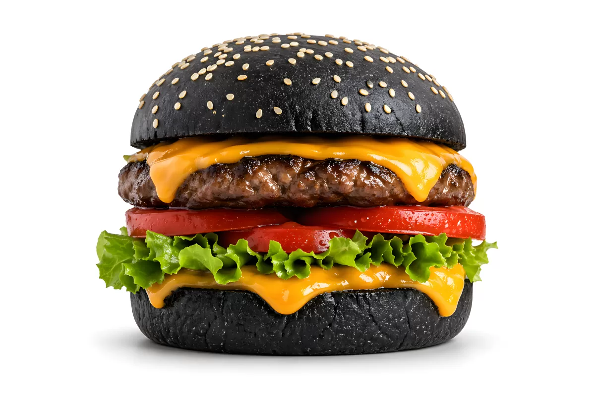 Schwarzer Burger mit Käse, Tomate und Salat