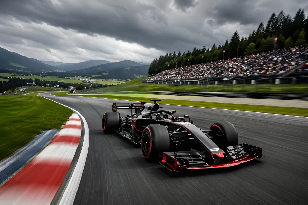 Schwarzer Formel-1-Rennwagen auf nasser Rennstrecke