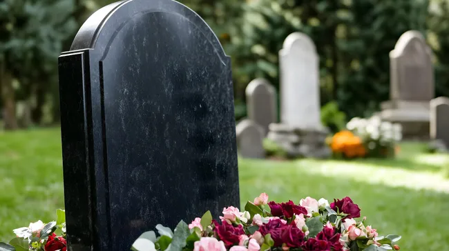 Schwarzer Grabstein mit Blumen auf Friedhof
