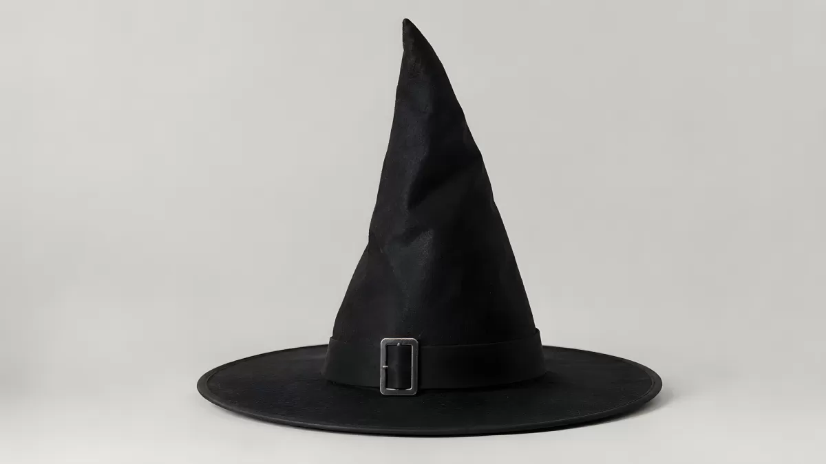 Schwarzer Hexenhut mit Schnalle auf grauem Hintergrund
