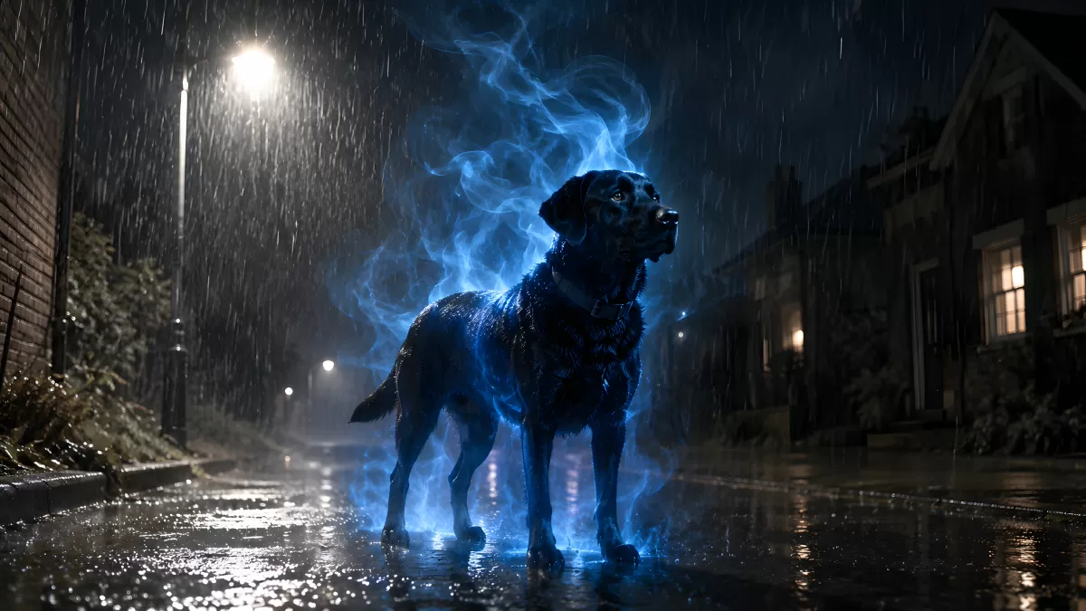 Schwarzer Hund mit blauem Leuchten im Nachtregenm