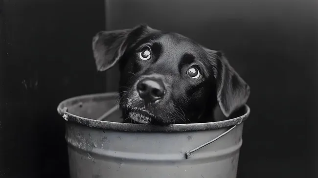 Schwarzer Hund mit verträumtem Blick in Metalleimer