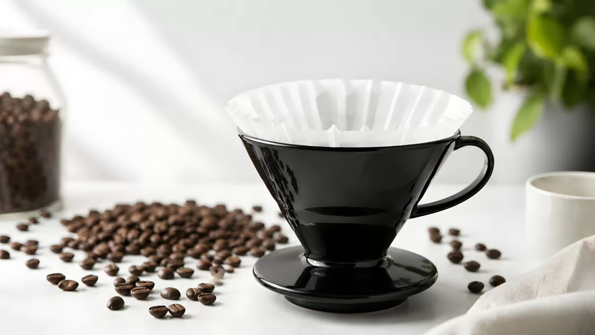 Schwarzer Keramik-Handfilter mit Papierfilter und Kaffeebohnen