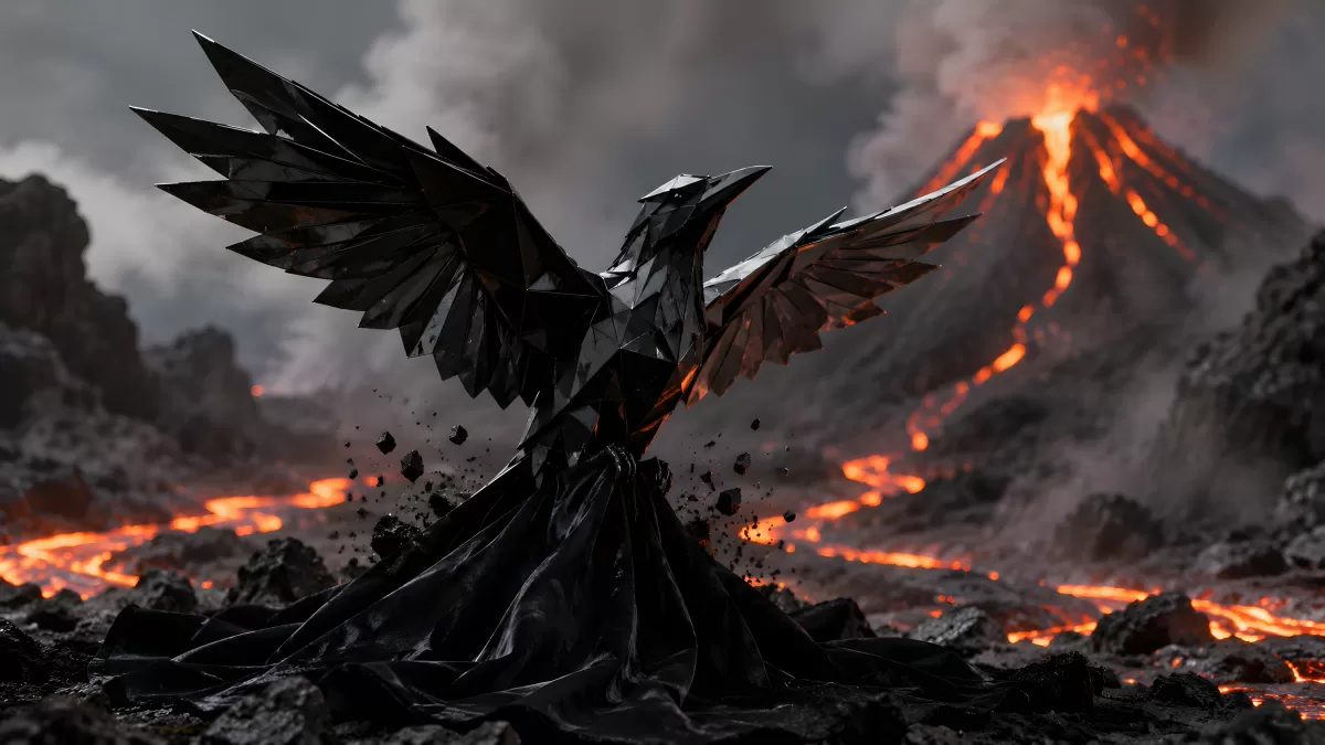 Schwarzer Kristallvogel erhebt sich vor Vulkanausbruch