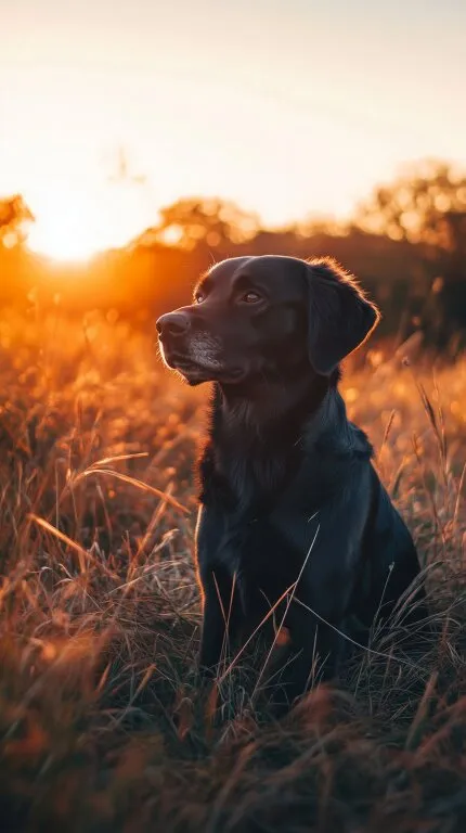 Schwarzer Labrador im goldenen Sonnenuntergang