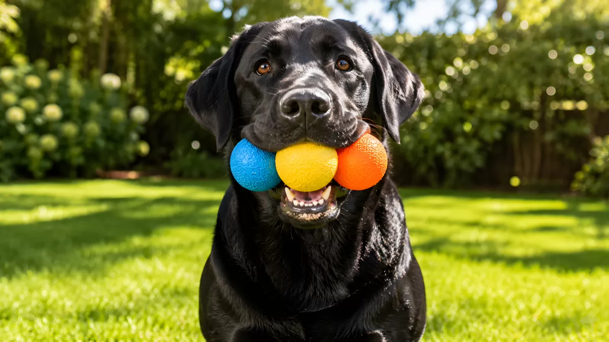 Schwarzer Labrador mit drei bunten Bällen im Maul