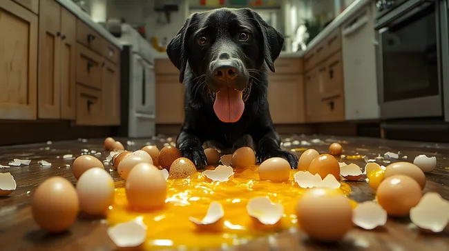 Schwarzer Labrador mit zerbrochenen Eiern auf Küchenboden