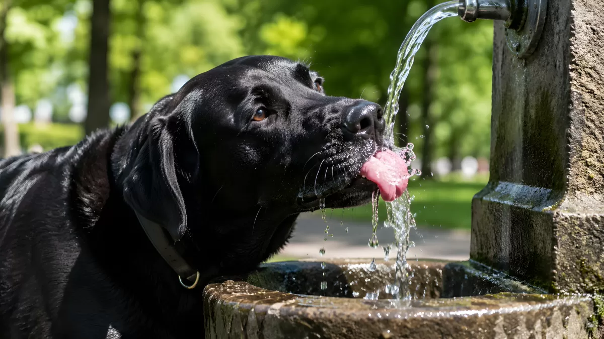 Schwarzer Labrador trinkt an einem Brunnen im Park