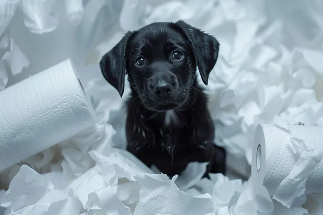 Schwarzer Labrador-Welpe in Toilettenpapier