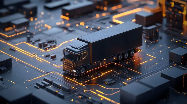 Schwarzer LKW auf dynamischer Stadtlandschaft