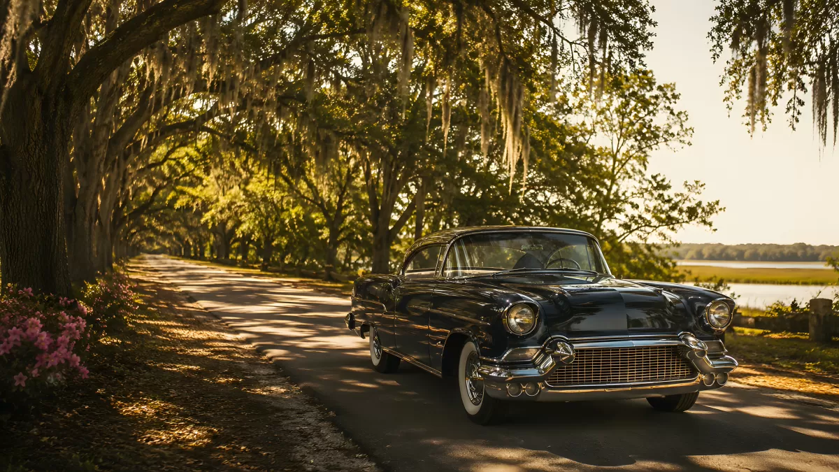 Schwarzer Oldtimer auf südlicher Allee im Abendlicht