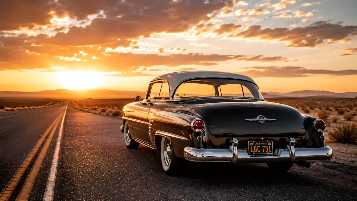 Schwarzer Oldtimer auf Wüstenstraße im Sonnenuntergang