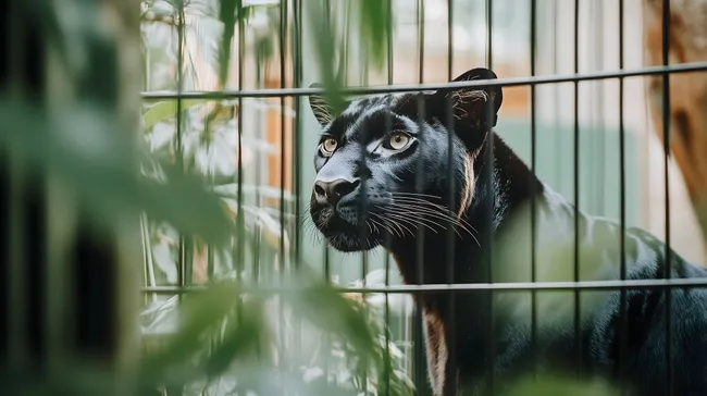 Schwarzer Panther blickt durch Gitterstäbe