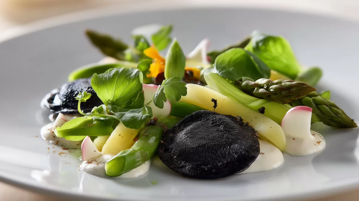 Schwarzer Raviolo auf Spargel mit Apfel-Sellerie