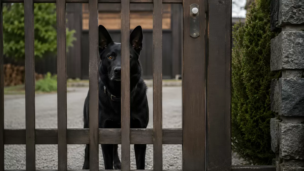 Schwarzer Schäferhund hinter einem Holztor