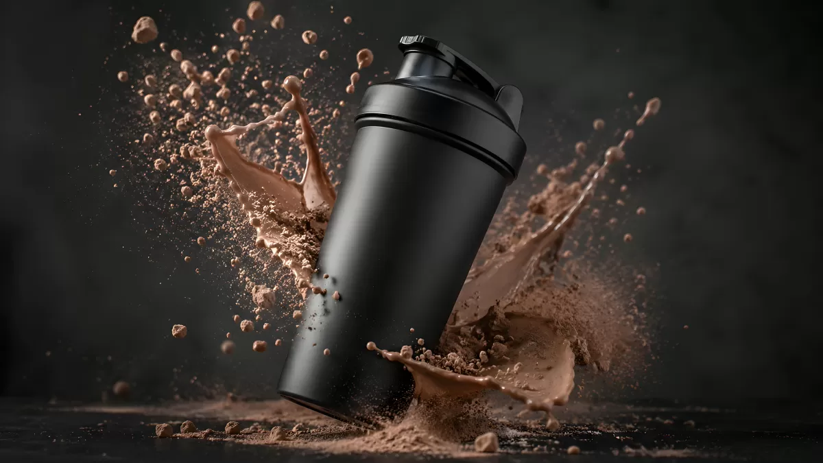 Schwarzer Shaker mit Schokoladenprotein-Splash