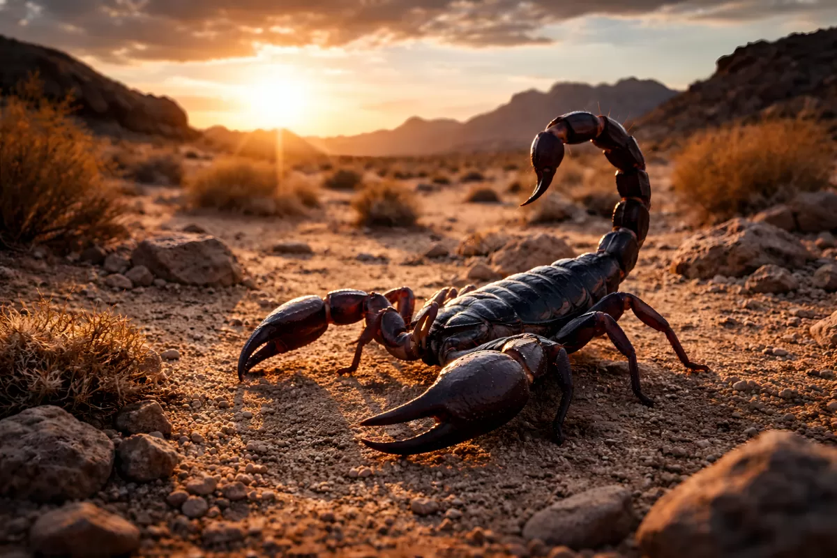 Schwarzer Skorpion in der Wüste bei Sonnenuntergang