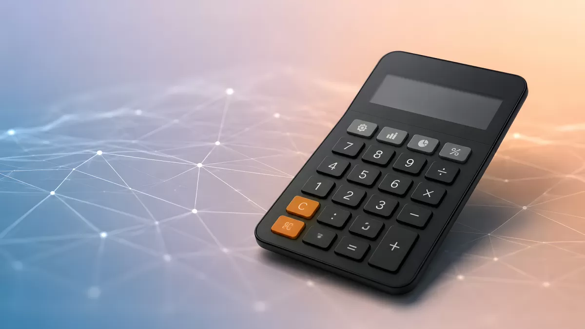 Schwarzer Taschenrechner vor digitalem Netzwerkhintergrund