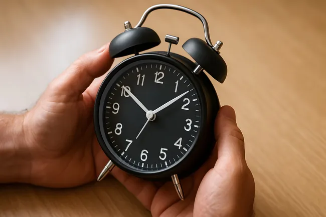 Schwarzer Wecker in den Händen einer Person