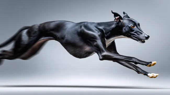 Schwarzer Windhund im schnellen Sprint mit Bewegungsunschärfe