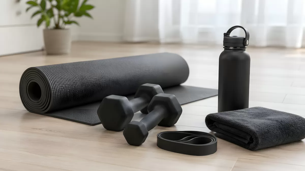 Schwarzes Fitness-Equipment auf Holzboden arrangiert