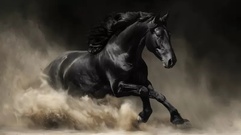Schwarzes Pferd galoppiert durch Sand in dramatischer Szene