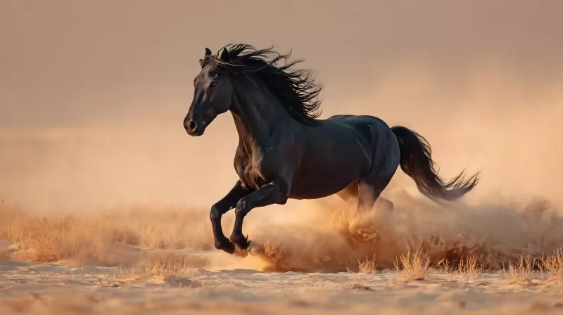 Schwarzes Pferd galoppiert kraftvoll durch Sand bei Sonnenuntergang