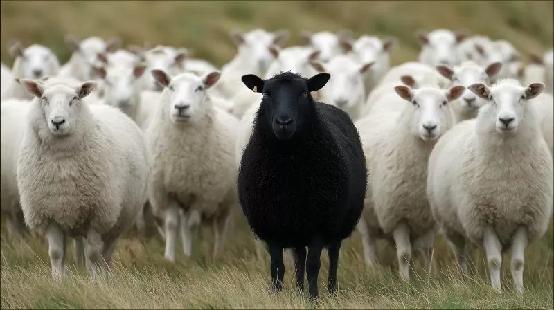 Schwarzes Schaf inmitten weißer Schafe auf der Wiese