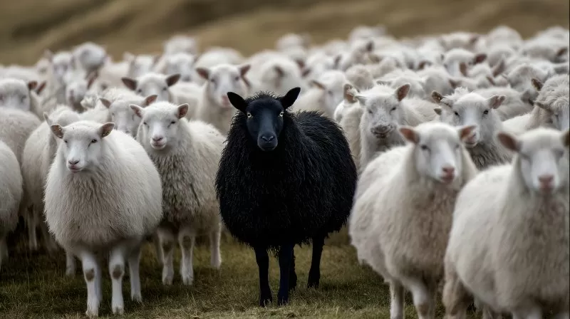 Schwarzes Schaf mittig in dichter Gruppe weißer Schafe auf Wiese