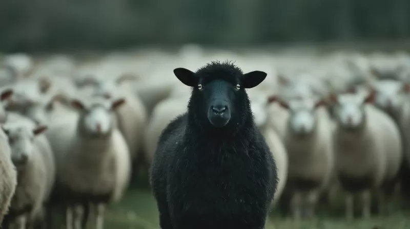 Schwarzes Schaf steht vor weißer Herde in unscharfer Landschaft
