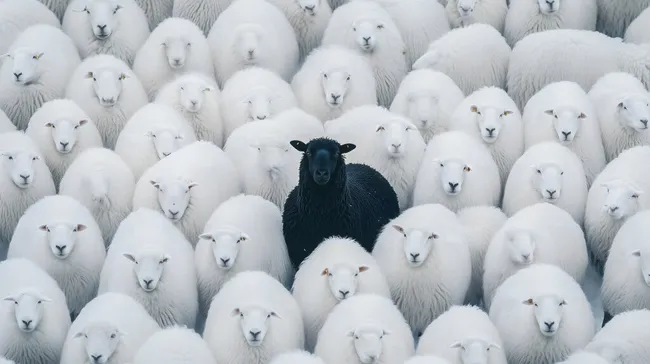 Schwarzes Schaf unter weißen Schafen - einzigartiges Stockfoto