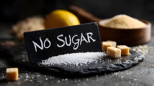 Schwarzes Schild mit Aufschrift 'No Sugar' auf dunkler Oberfläche