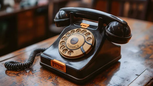 Schwarzes Vintage-Telefon auf rustikalem Holztisch