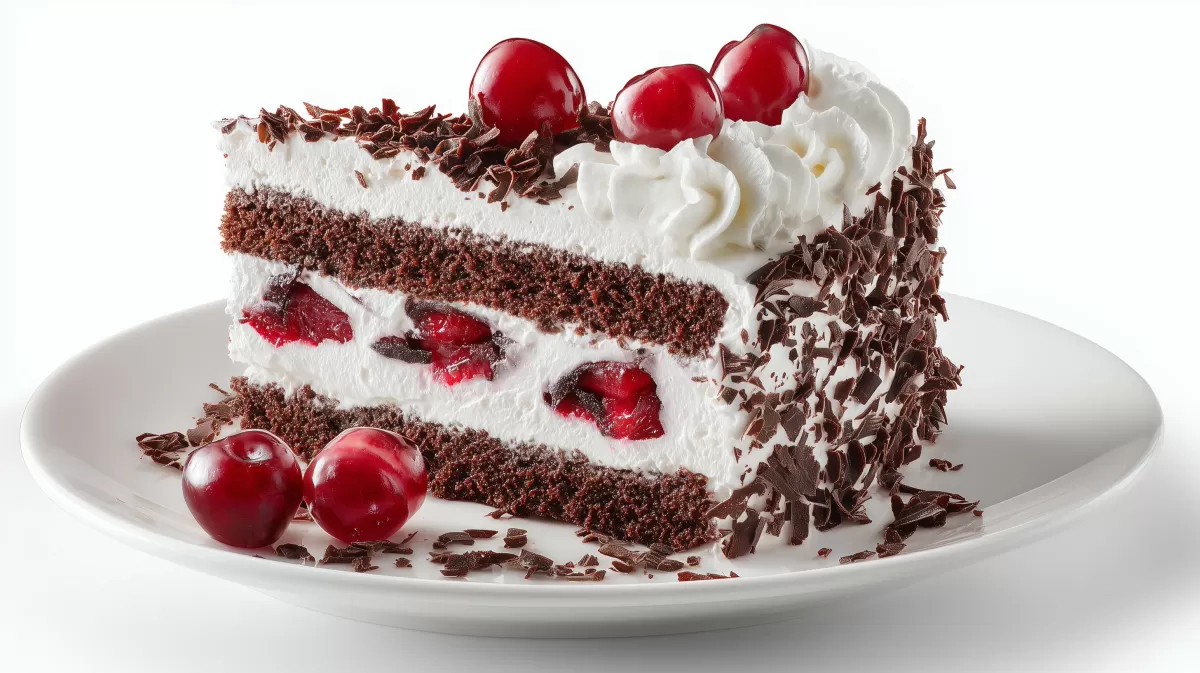 Schwarzwälder Kirschtorte – Stück auf weißem Teller