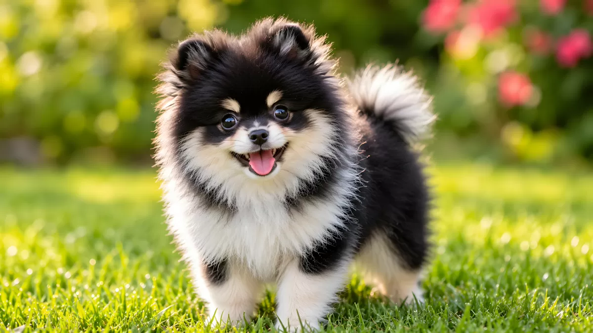Schwarzweißer Pomeranian Welpe auf grüner Wiese