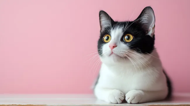 Schwarzweißes Kätzchen mit großen Augen vor rosa Hintergrund