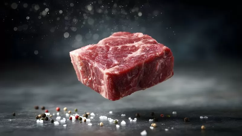 Schwebeeffekt mit rohem Rindersteak und Pfeffer auf dunklem Hintergrund