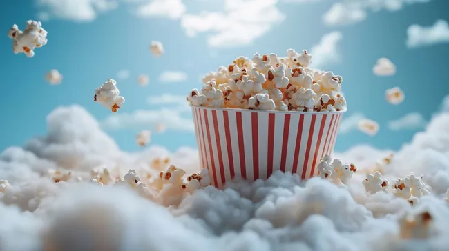 Schweben des Popcorns in einer wolkigen Szenerie