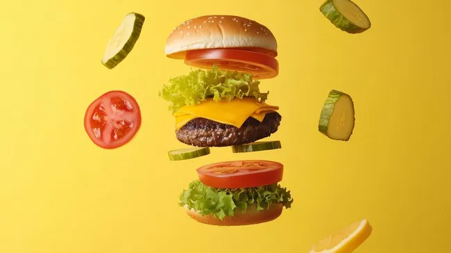 Schwebende Burger-Zutaten vor gelbem Hintergrund