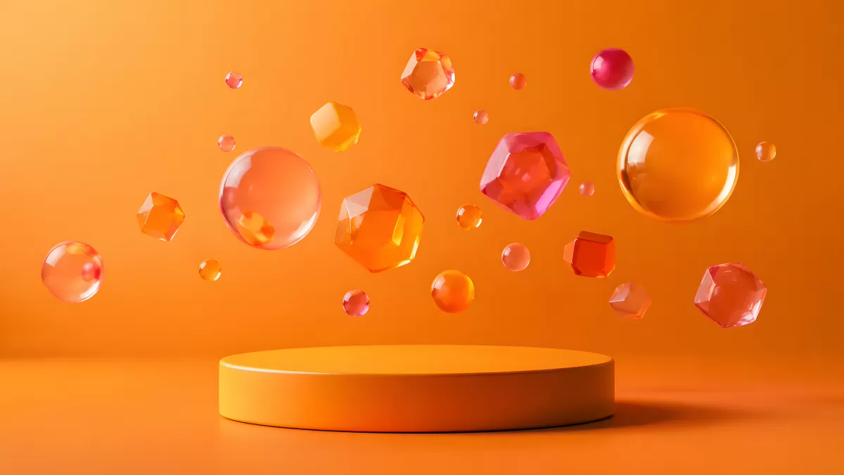 Schwebende Glaskristalle über orangem Präsentationspodest
