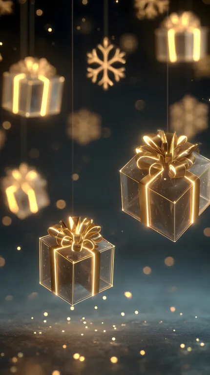 Schwebende goldene Weihnachtsgeschenke mit Schneeflocken