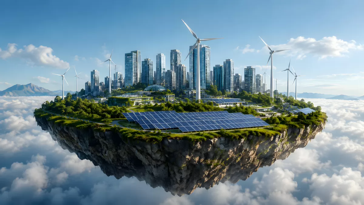 Schwebende Insel mit Windrädern und Solaranlage