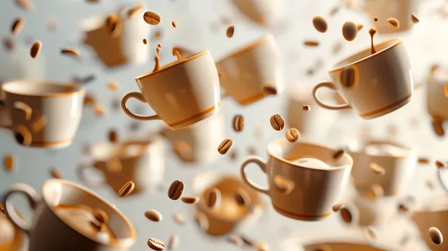 Schwebende Kaffeetassen und Kaffeebohnen