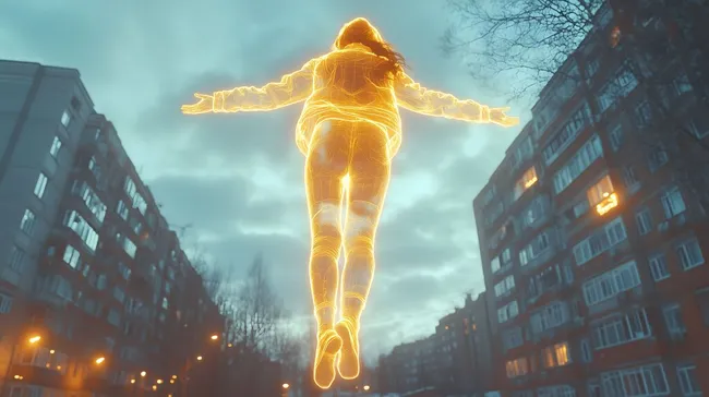 Schwebende leuchtende Frau in nächtlicher Stadtkulisse