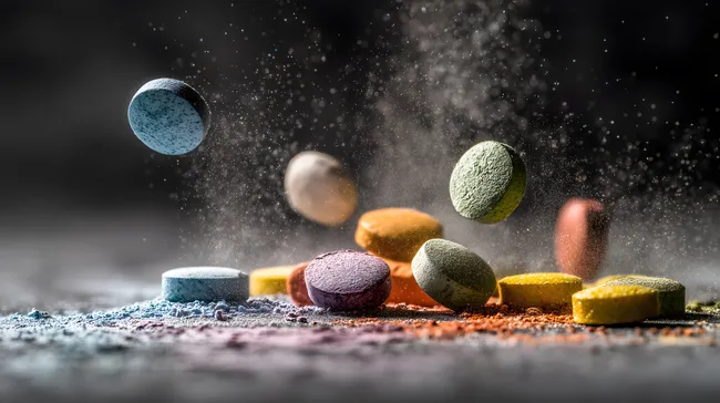 Schwebende Medikamente und Vitamine auf dunklem Hintergrund