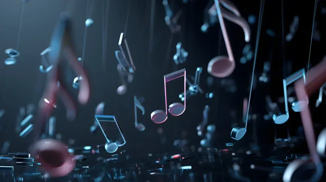 Schwebende Noten auf dunklem Hintergrund in Pink und Blau