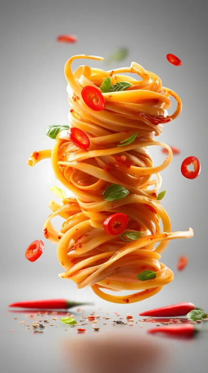 Schwebende Nudeln mit Chilischoten und Basilikum