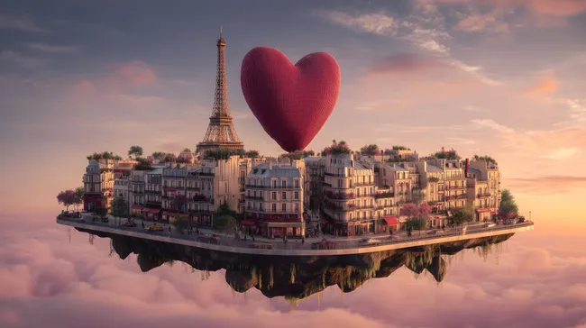 Schwebende Pariser Altstadt mit Eiffelturm und Herzballon