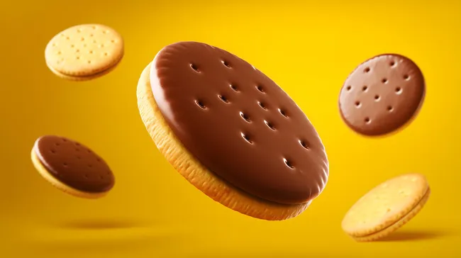 Schwebende Schokoladenkekse auf gelbem Hintergrund